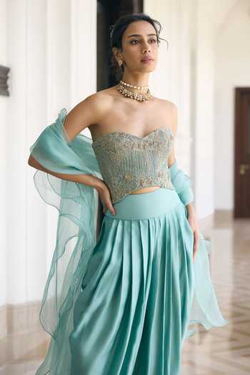 Buy_Awigna_Teal Organza, Satin, Modal Embroidery Freesia Corset And Pleated Dhoti Pant Set _Online_at_Aza_Fashions