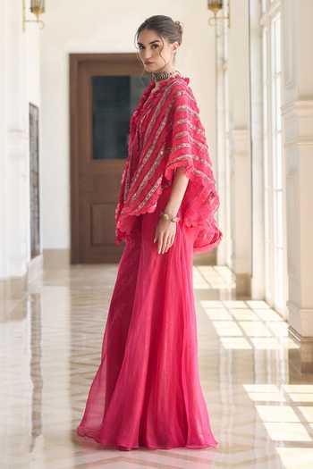 Awigna_Pink Organza V-neck Roselle Jacket Set _Online_at_Aza_Fashions