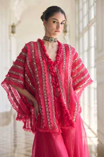 Buy_Awigna_Pink Organza V-neck Roselle Jacket Set _Online_at_Aza_Fashions
