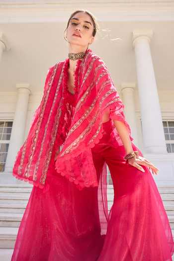 Shop_Awigna_Pink Organza V-neck Roselle Jacket Set _Online_at_Aza_Fashions