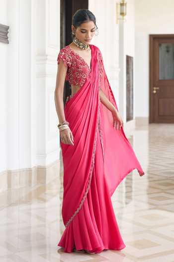Awigna_Pink Georgette, Satin, Net V-neck Lantana Pre-draped Saree And Blouse Set _Online_at_Aza_Fashions