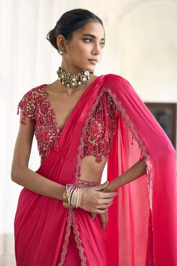 Buy_Awigna_Pink Georgette, Satin, Net V-neck Lantana Pre-draped Saree And Blouse Set _Online_at_Aza_Fashions