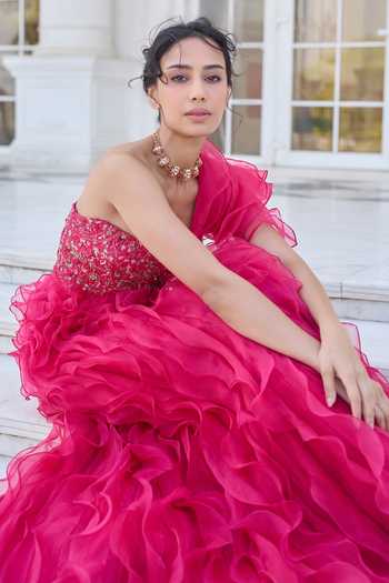 Awigna_Pink Organza Sequins, Beads, Stones Sweetheart Bougainvillea Corset And Skirt Set _Online_at_Aza_Fashions