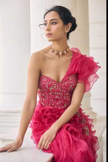 Shop_Awigna_Pink Organza Sequins, Beads, Stones Sweetheart Bougainvillea Corset And Skirt Set _Online_at_Aza_Fashions