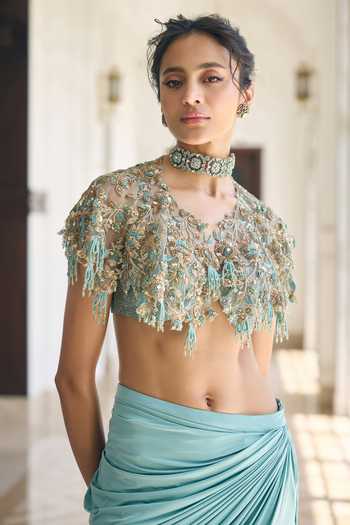 Buy Awigna Teal Organza, Net, Lycra Swasan Draped Skirt Set Online at Aza Fashions Buy_Awigna_Teal Organza, Net, Lycra Swasan Draped Skirt Set _Online_at_Aza_Fashions
