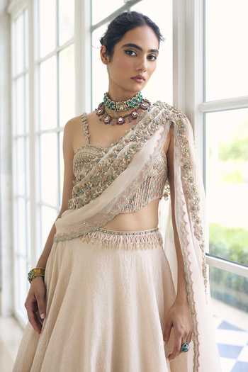 Buy_Awigna_Ivory Satin, Modal Sweetheart Neck Zinnia Blouse And Skirt Set _Online_at_Aza_Fashions