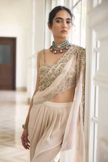 Awigna_Ivory Georgette, Satin, Net Sweetheart Neck Adeium Blouse And Dhoti Pant Set _Online_at_Aza_Fashions