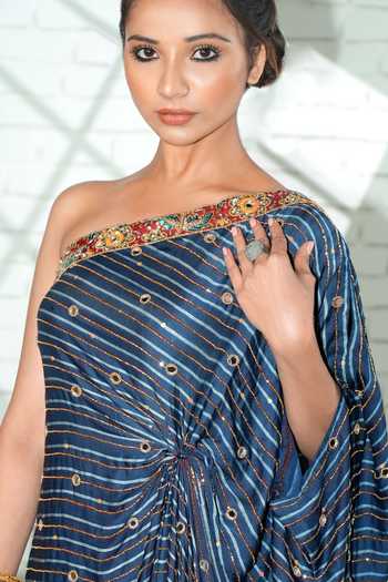 Shop_Sheeshakari_Grey Silk Asymmetric, One Shoulder Ajrakh Hand Embroidered Kaftan _Online_at_Aza_Fashions