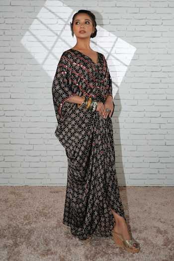 Sheeshakari_Black Silk V-neck Ruched Hand Embroidered Kaftan _Online_at_Aza_Fashions