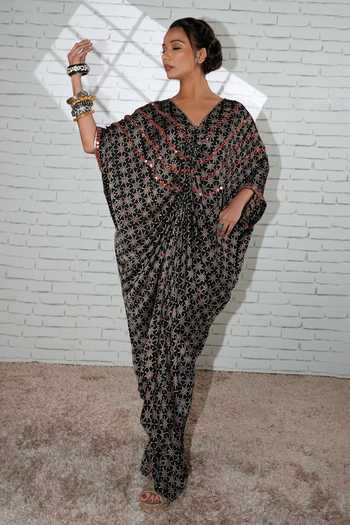 Shop_Sheeshakari_Black Silk V-neck Ruched Hand Embroidered Kaftan _Online_at_Aza_Fashions