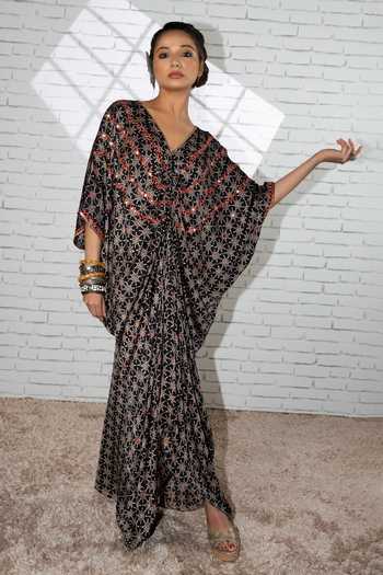 Sheeshakari_Black Silk V-neck Ruched Hand Embroidered Kaftan _at_Aza_Fashions