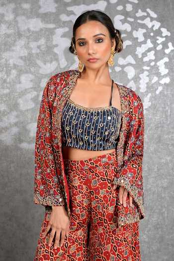 Sheeshakari_Red Silk Open , Square Ajrakh Jacket Pant Set _Online_at_Aza_Fashions