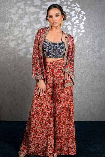 Buy_Sheeshakari_Red Silk Open , Square Ajrakh Jacket Pant Set _Online_at_Aza_Fashions