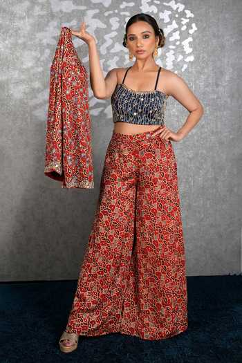 Shop_Sheeshakari_Red Silk Open , Square Ajrakh Jacket Pant Set _Online_at_Aza_Fashions