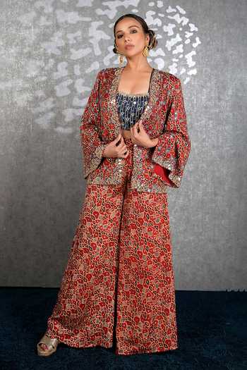 Sheeshakari Ajrakh Silk Jacket Pant Set 