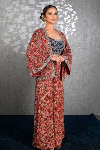 Sheeshakari_Red Silk Open , Square Ajrakh Jacket Pant Set _at_Aza_Fashions