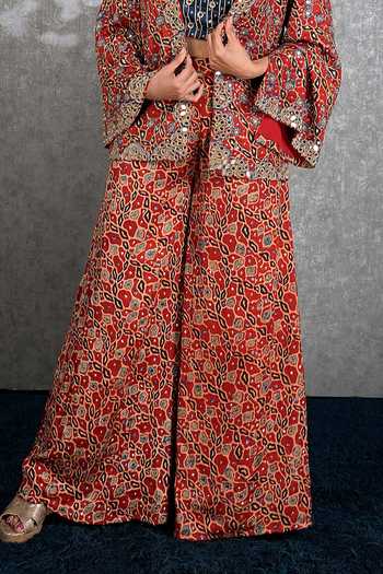Buy_Sheeshakari_Red Silk Open , Square Ajrakh Jacket Pant Set 