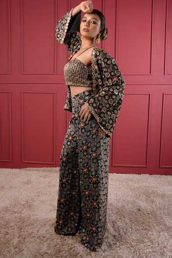 Sheeshakari_Black Silk Bandeau Neck Hand Embroidered Jacket Pant Set _Online_at_Aza_Fashions