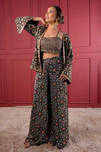 Buy_Sheeshakari_Black Silk Bandeau Neck Hand Embroidered Jacket Pant Set _Online_at_Aza_Fashions