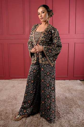 Shop_Sheeshakari_Black Silk Bandeau Neck Hand Embroidered Jacket Pant Set _Online_at_Aza_Fashions