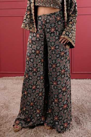 Sheeshakari_Black Silk Bandeau Neck Hand Embroidered Jacket Pant Set _at_Aza_Fashions