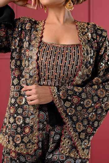 Shop_Sheeshakari_Black Silk Bandeau Neck Hand Embroidered Jacket Pant Set 