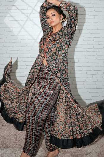 Sheeshakari_Black Silk V-neck Ajrakh Pattern Kurta And Pant Set _Online_at_Aza_Fashions
