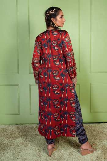 Sheeshakari Ajrakh Hand-Embroidered Silk Kurta & Pant Set 