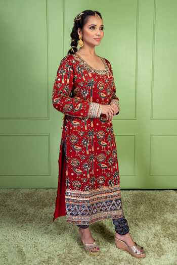 Sheeshakari_Red Silk Scoop Neck, Yes Ajrakh Hand-embroidered Kurta And Pant Set _Online_at_Aza_Fashions