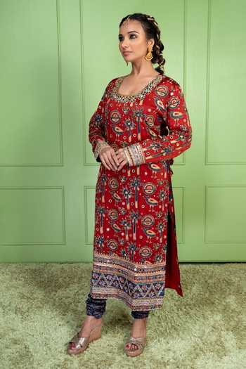 Buy_Sheeshakari_Red Silk Scoop Neck, Yes Ajrakh Hand-embroidered Kurta And Pant Set _Online_at_Aza_Fashions