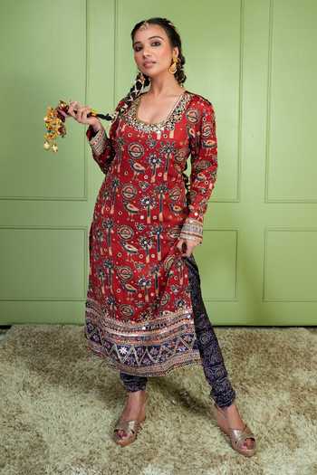 Sheeshakari Ajrakh Hand-Embroidered Silk Kurta & Pant Set 
