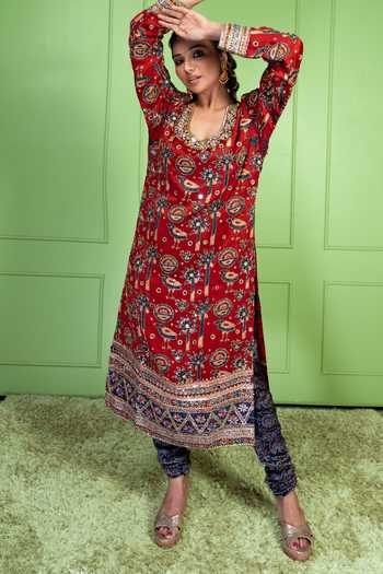 Shop_Sheeshakari_Red Silk Scoop Neck, Yes Ajrakh Hand-embroidered Kurta And Pant Set _Online_at_Aza_Fashions