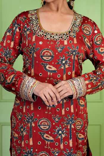 Buy_Sheeshakari_Red Silk Scoop Neck, Yes Ajrakh Hand-embroidered Kurta And Pant Set 