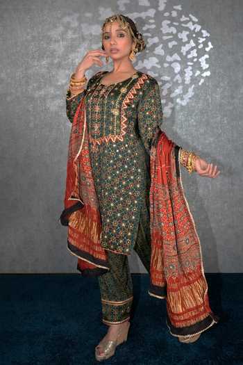 Shop_Sheeshakari_Green Silk Round Neck, Yes Ajrakh Pattern Kurta Set _Online_at_Aza_Fashions