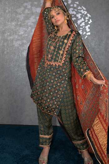 Sheeshakari_Green Silk Round Neck, Yes Ajrakh Pattern Kurta Set _at_Aza_Fashions