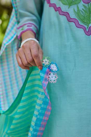 Buy_Surmaye_Blue Chanderi Boat Neck, Yes Pomegranate Embroidered Kurta And Pant Set _Online_at_Aza_Fashions