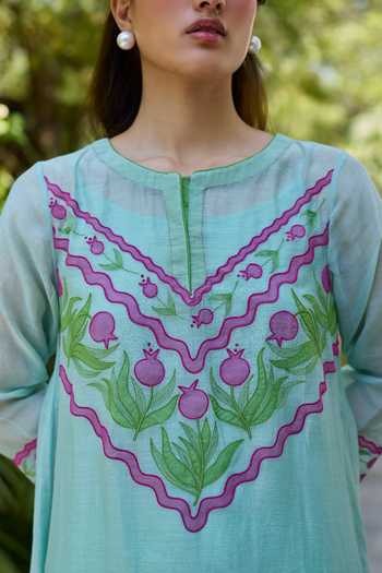 Shop_Surmaye_Blue Chanderi Boat Neck, Yes Pomegranate Embroidered Kurta And Pant Set _Online_at_Aza_Fashions