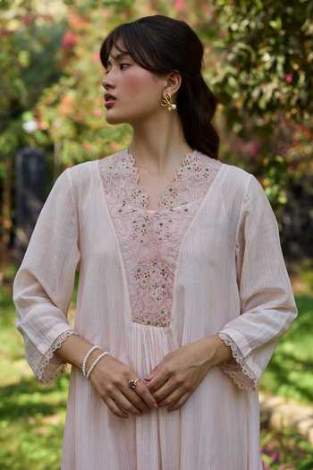 Buy_Surmaye_Pink Chanderi V-neck English Morning Embroidered Dress _Online_at_Aza_Fashions