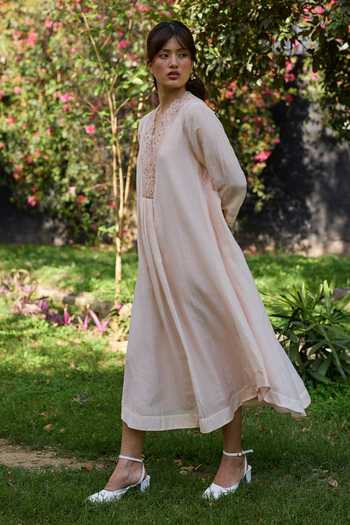 Shop_Surmaye_Pink Chanderi V-neck English Morning Embroidered Dress _Online_at_Aza_Fashions