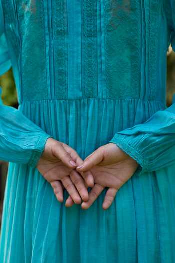 Buy Surmaye Blue Chanderi Boat Neck Trail Embroidered Dress Online at Aza Fashions Buy_Surmaye_Blue Chanderi Boat Neck Trail Embroidered Dress _Online_at_Aza_Fashions