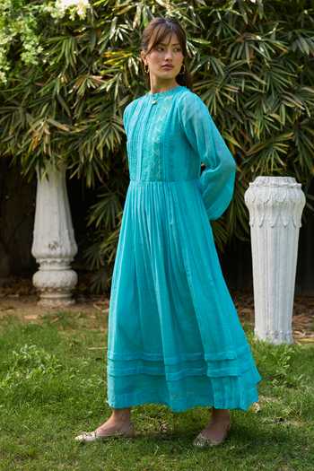 Shop Surmaye Blue Chanderi Boat Neck Trail Embroidered Dress Online at Aza Fashions Shop_Surmaye_Blue Chanderi Boat Neck Trail Embroidered Dress _Online_at_Aza_Fashions