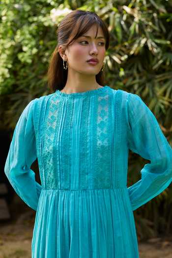 Surmaye Blue Chanderi Boat Neck Trail Embroidered Dress at Aza Fashions Surmaye_Blue Chanderi Boat Neck Trail Embroidered Dress _at_Aza_Fashions