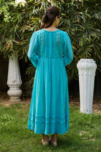 Surmaye Blue Chanderi Boat Neck Trail Embroidered Dress Online at Aza Fashions Surmaye_Blue Chanderi Boat Neck Trail Embroidered Dress _Online_at_Aza_Fashions