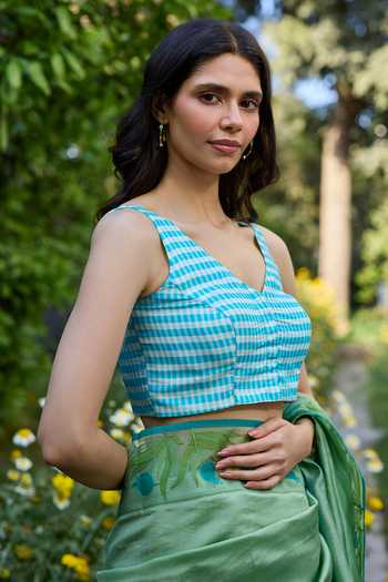 Surmaye_Blue Silk, Organza V-neck Windowpane Checkered Blouse _Online_at_Aza_Fashions