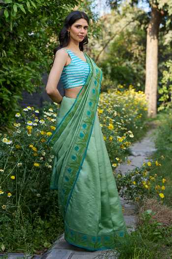 Shop_Surmaye_Blue Silk, Organza V-neck Windowpane Checkered Blouse _Online_at_Aza_Fashions