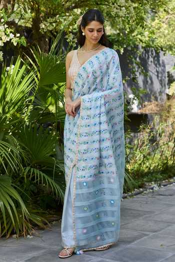 Surmaye_Pink Silk, Organza V-neck Windowpane Checkered Blouse _Online_at_Aza_Fashions