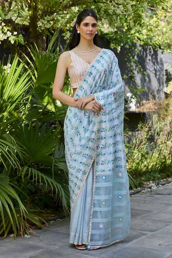 Buy_Surmaye_Pink Silk, Organza V-neck Windowpane Checkered Blouse _Online_at_Aza_Fashions