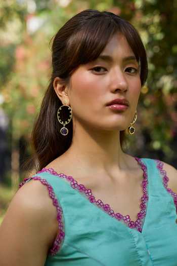 Surmaye_Blue Silk, Organza V-neck Petal And Path Embroidered Blouse _Online_at_Aza_Fashions