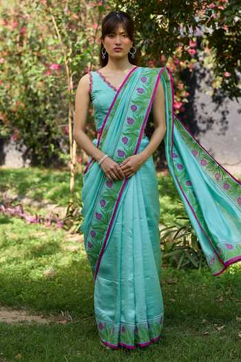 Buy_Surmaye_Blue Silk, Organza V-neck Petal And Path Embroidered Blouse _Online_at_Aza_Fashions