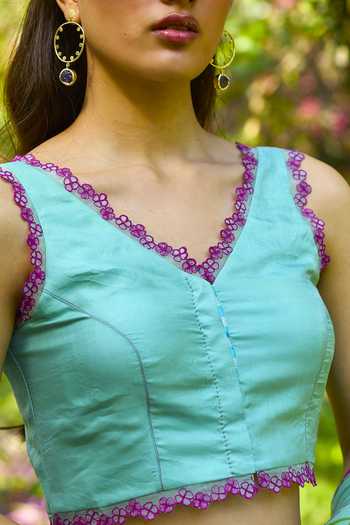 Shop_Surmaye_Blue Silk, Organza V-neck Petal And Path Embroidered Blouse _Online_at_Aza_Fashions